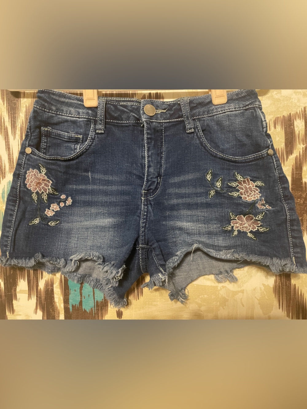 Harper Dark Blue Denim Jeans with pink flower embroidered